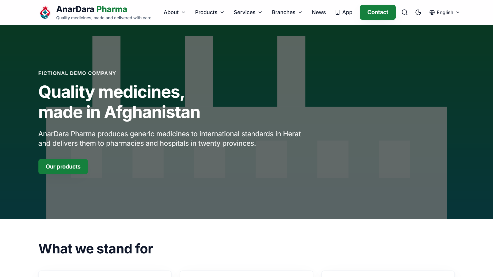 لقطة 1 من AnarDara Company Website – Multi-Branch & Multilingual (Pharma demo)