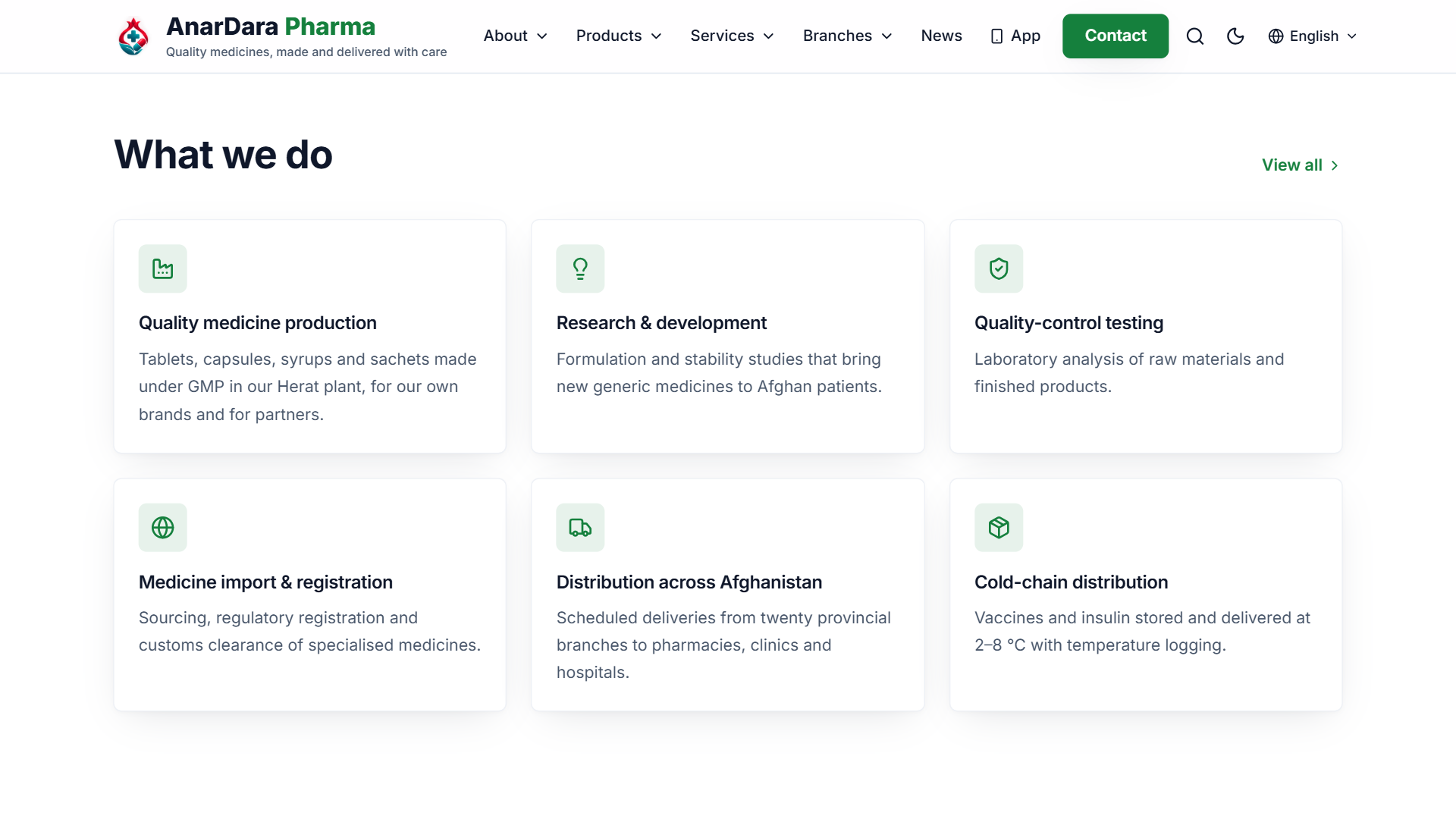 لقطة 2 من AnarDara Company Website – Multi-Branch & Multilingual (Pharma demo)