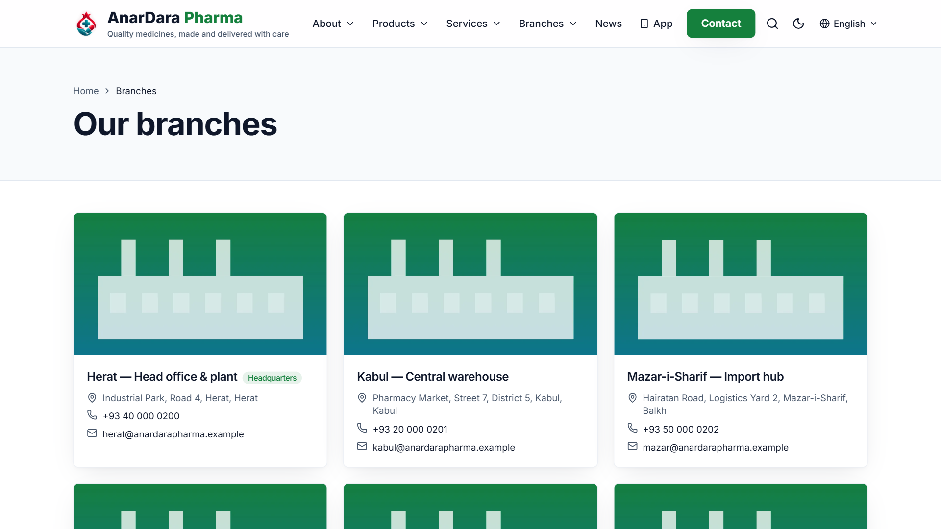لقطة 3 من AnarDara Company Website – Multi-Branch & Multilingual (Pharma demo)