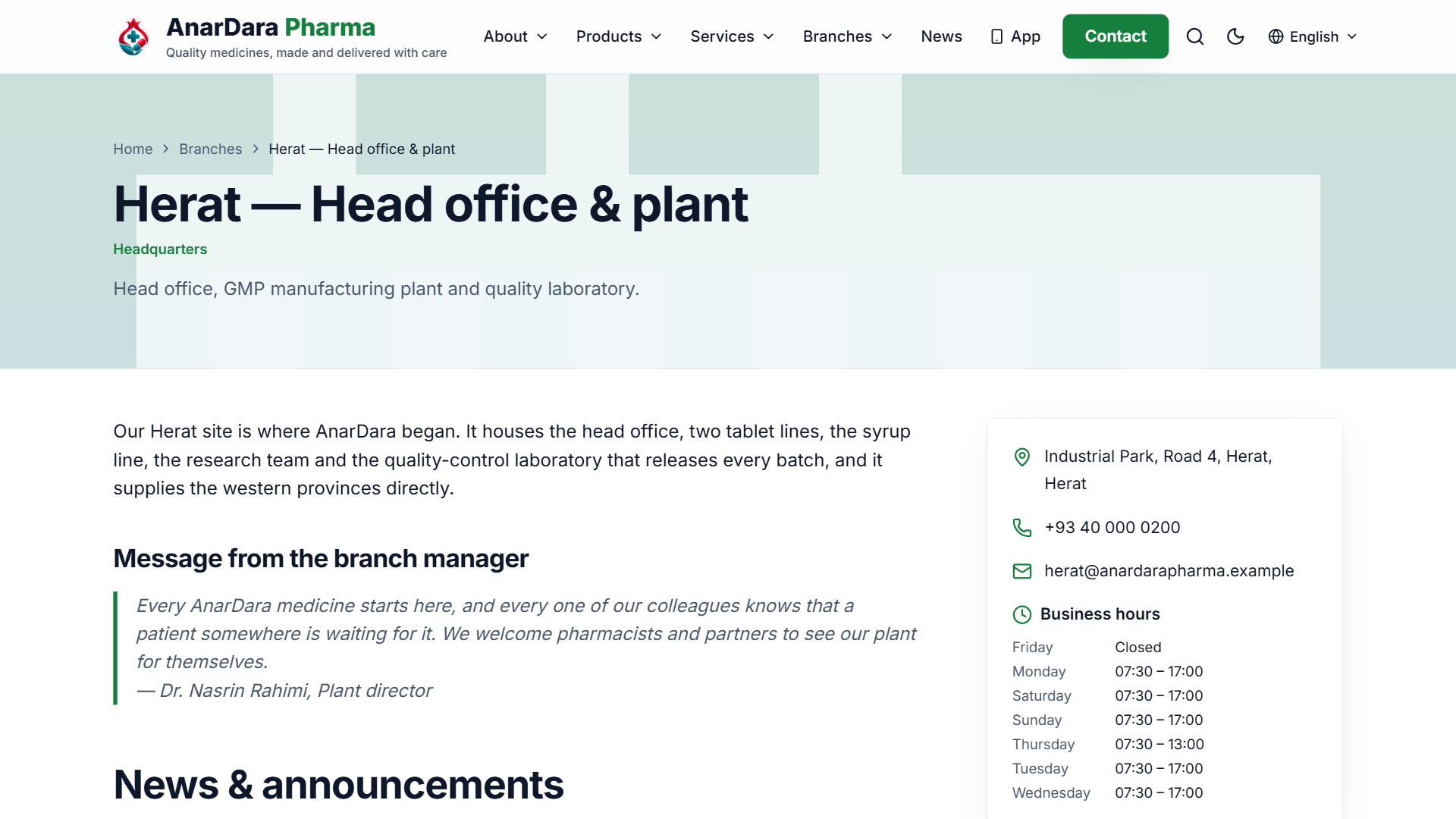 لقطة 4 من AnarDara Company Website – Multi-Branch & Multilingual (Pharma demo)