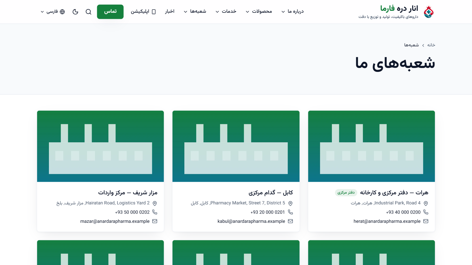 لقطة 6 من AnarDara Company Website – Multi-Branch & Multilingual (Pharma demo)